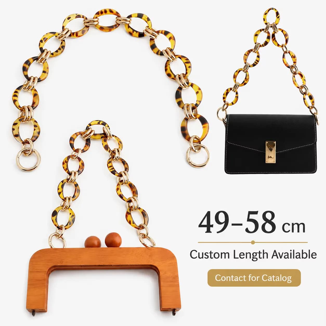 Chunky Acrylic Top Quality Bag Chain DIY Ladies Wood Handle Frame Fitting Resin, front view