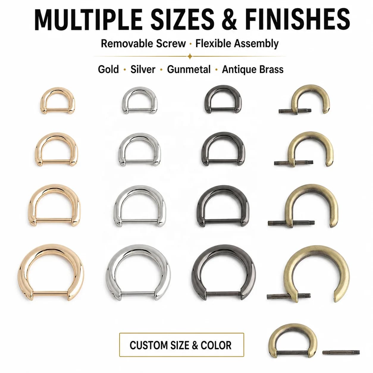 Zinc Alloy Detachable Screw D Ring Buckle 13 16 20mm Silver Gold Gunmetal, front view