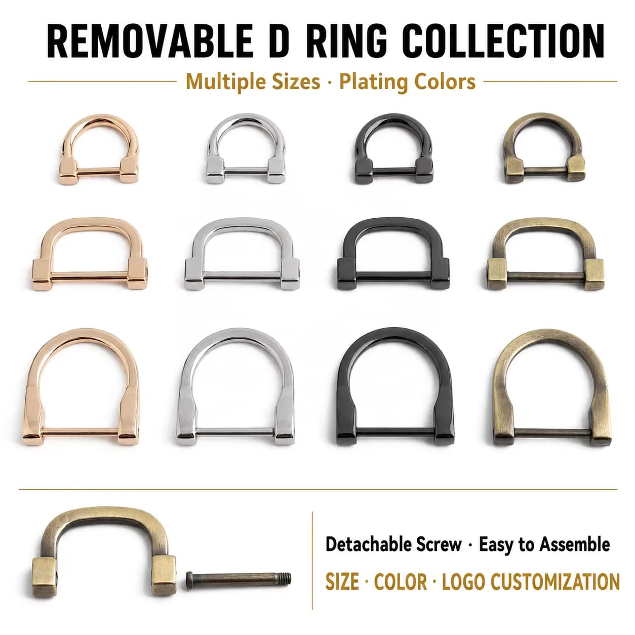 Zinc Alloy Screw D Ring Buckle Detachable Removable Metal D-Ring Hardware, front view