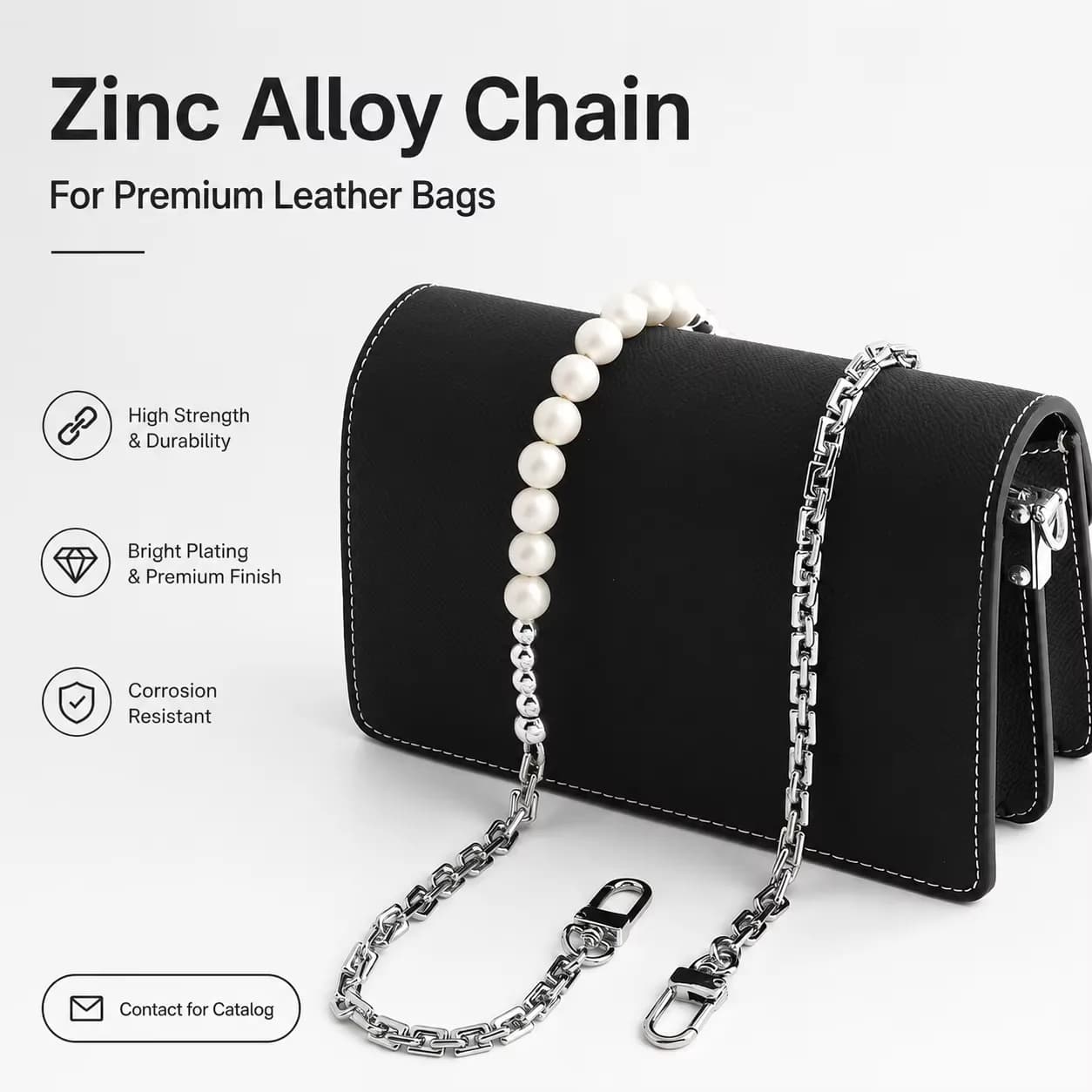 Zinc Pearl Tarnish Free Bag Chain Beaded Western Aesthetic Decor Luxe Silver, front view