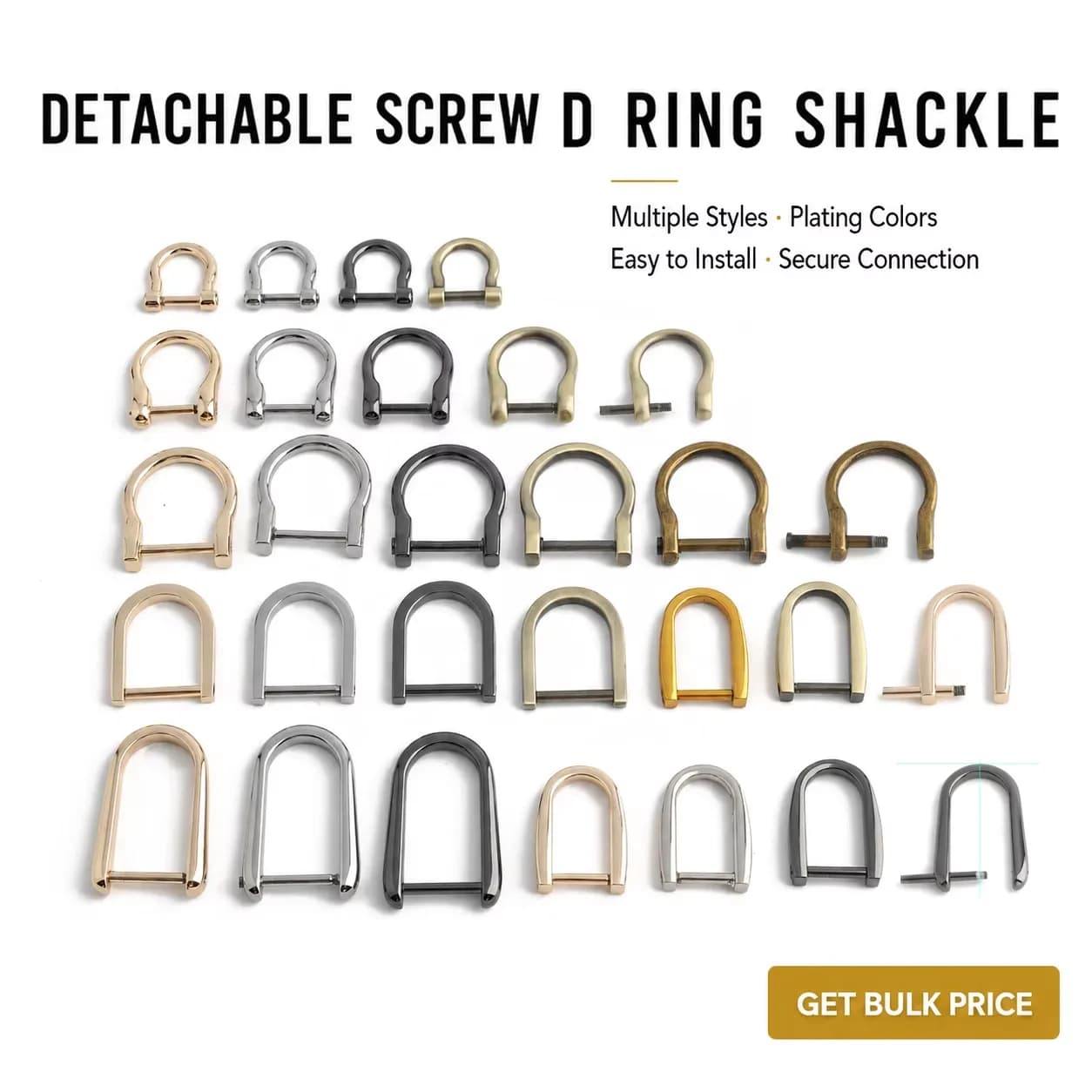 Zinc Alloy U Shape Screw D Ring Shackle OEM Detachable Removable Metal D-Ring, front view