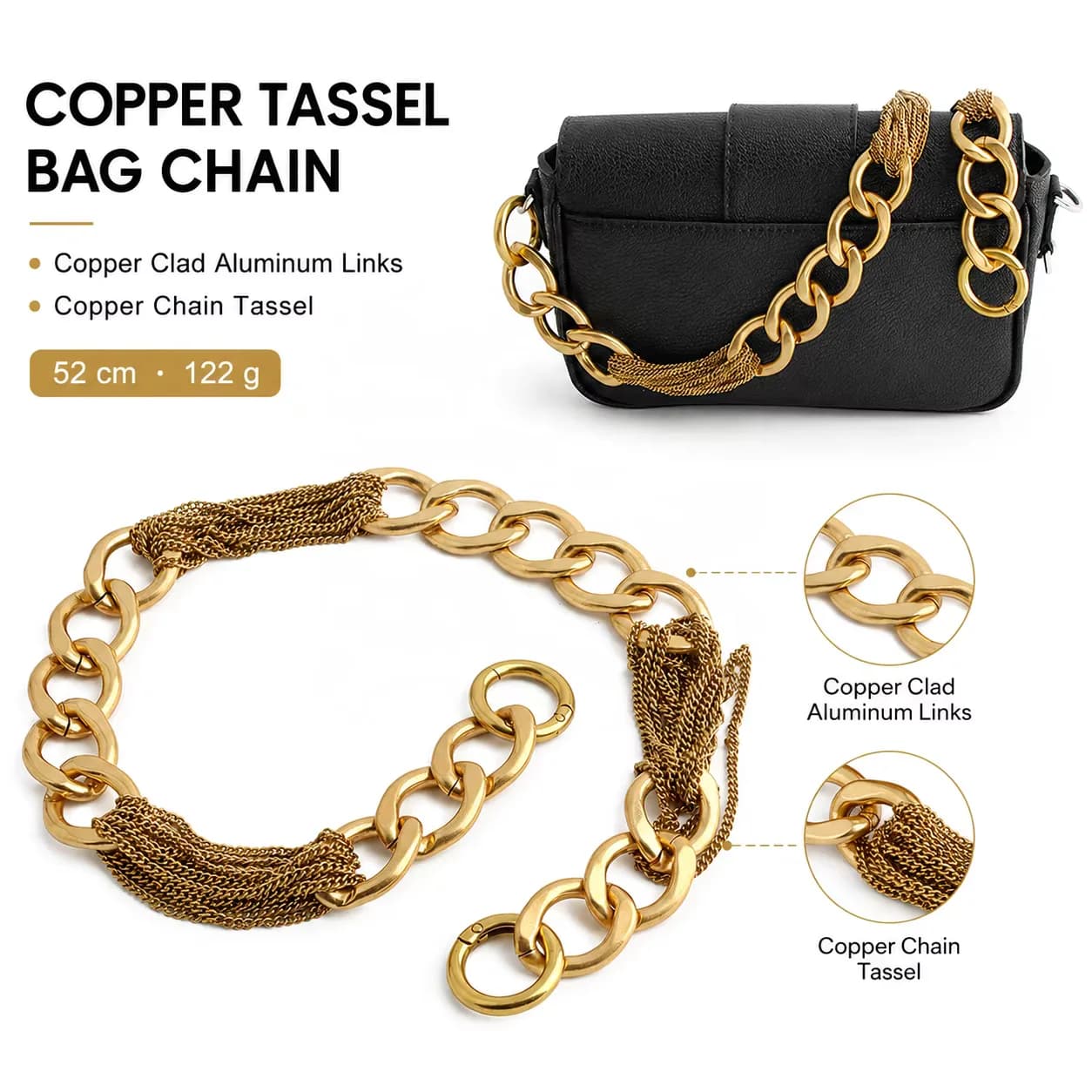 Copper Aluminum Tassels Flat Bag Chain Retro Antique Gold Purse Classy O Ring NK, front view