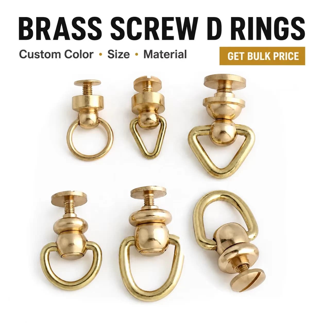 Solid Brass D Rings Stud Rivet Custom Bag Strap Rotatable Chicago Screws, front view