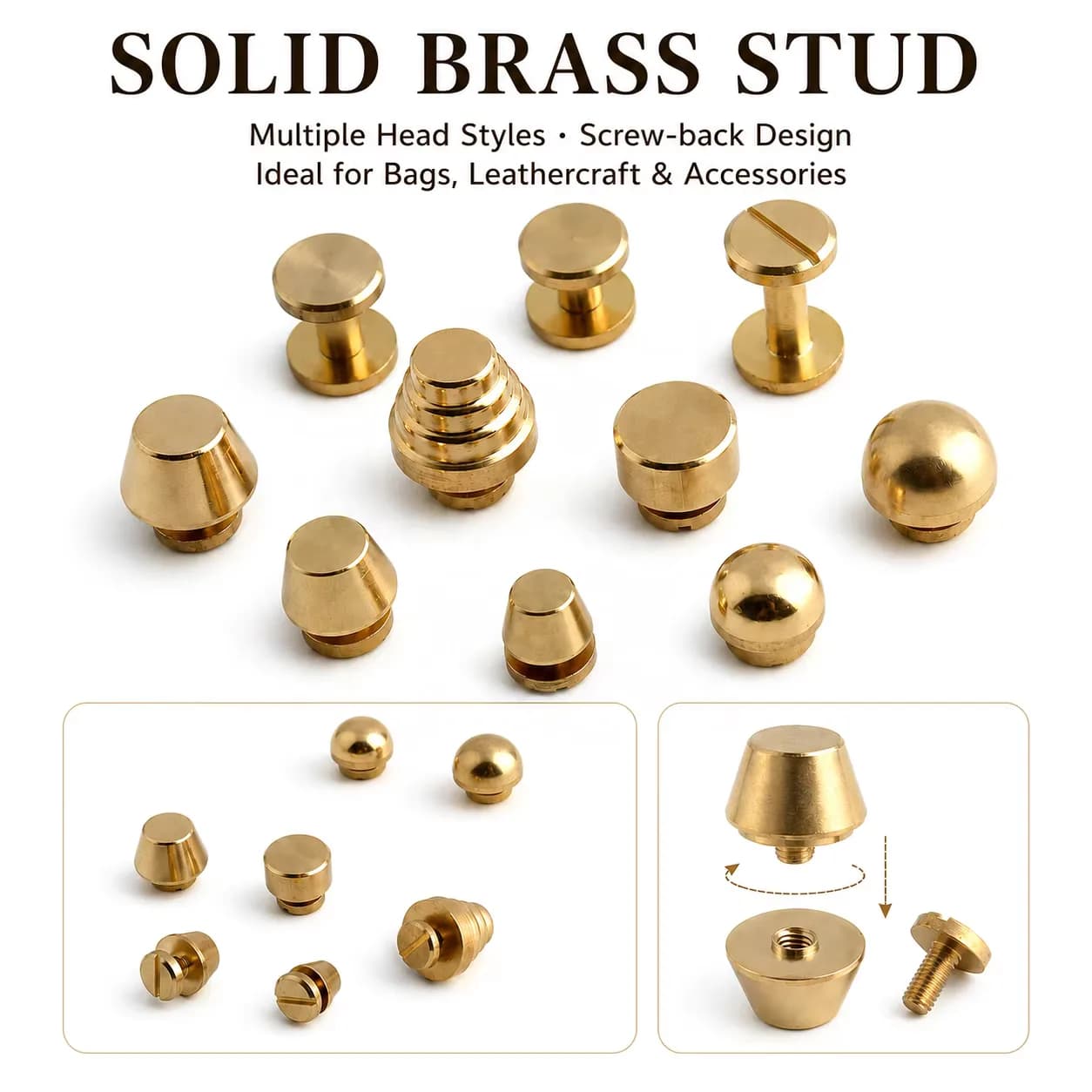 Solid Brass Screw Rivets Copper Ball Head Dome Decorative Studs for Leather, front view
