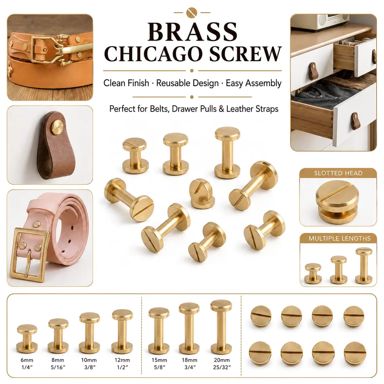 Solid Copper Brass Decorated Chicago Nail Heads Hardware Rivets for Leather, front view
