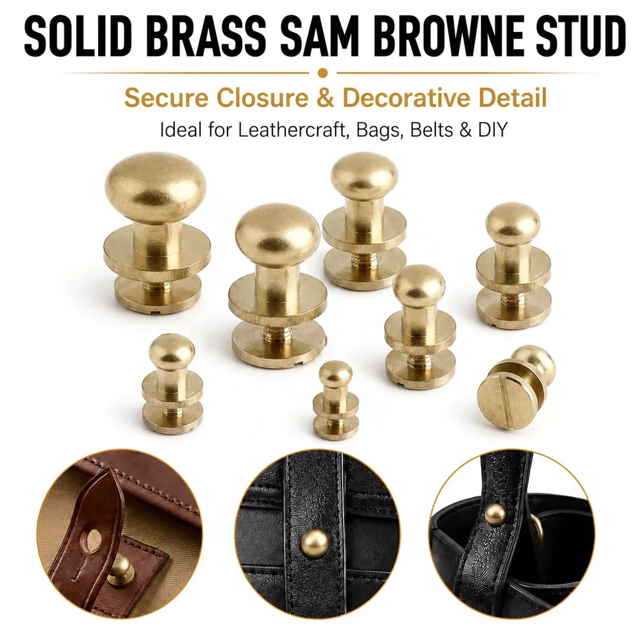 Glossy Brass Copper Chicago Screw Button Stud Round Head Dome Screwback Sam, front view