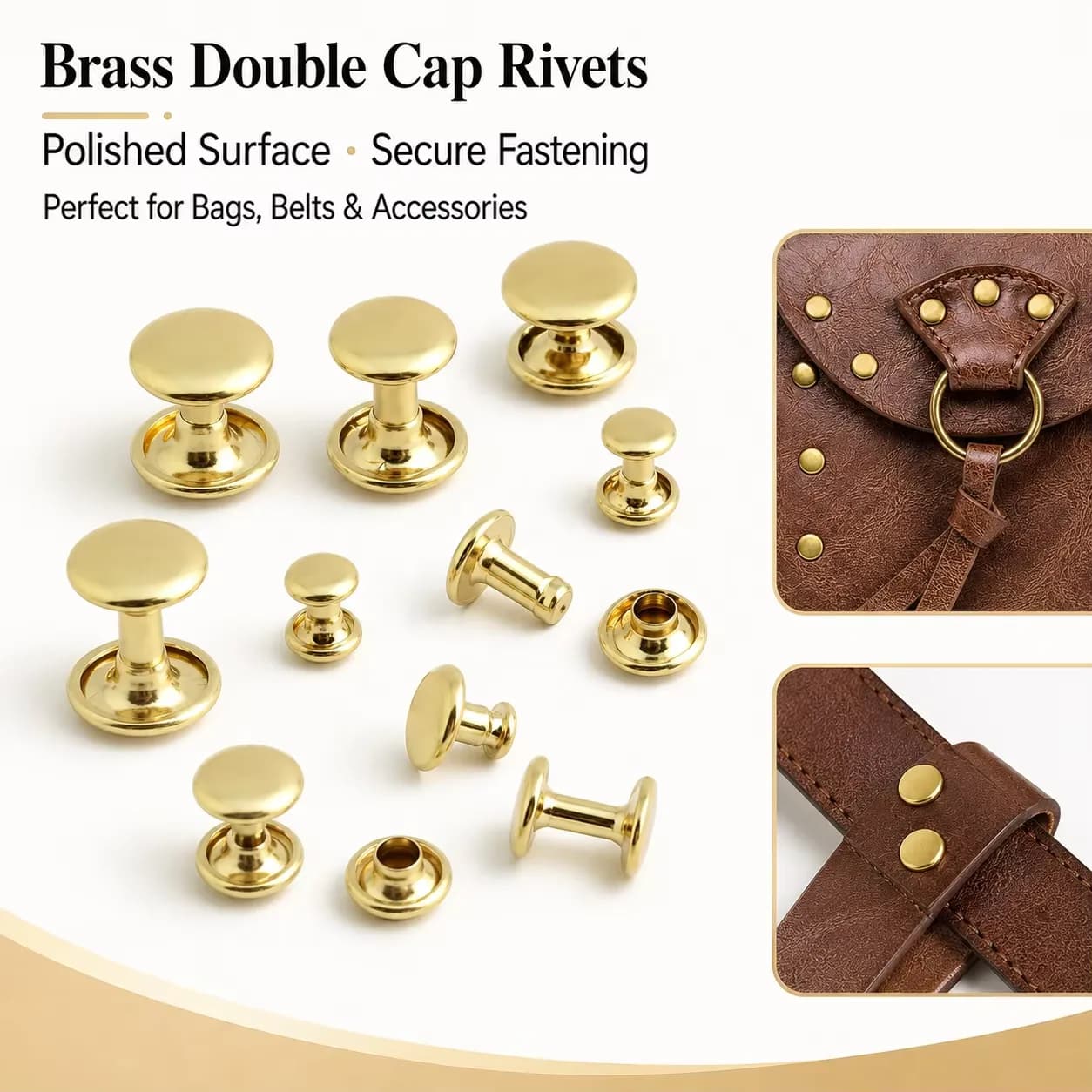 Solid Brass Double Cap Head Rivets 6/8/9/10/12mm Pure Copper Studs for Leather, front view