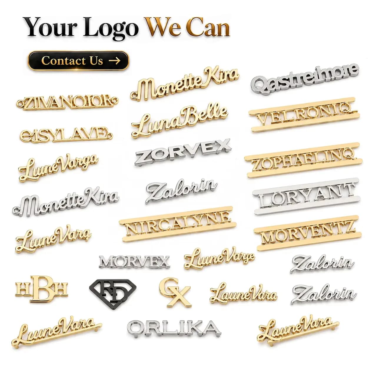 Nickel-free Custom Gold Plated Connected Metal Letters Logo Plate Branded Metal, front view