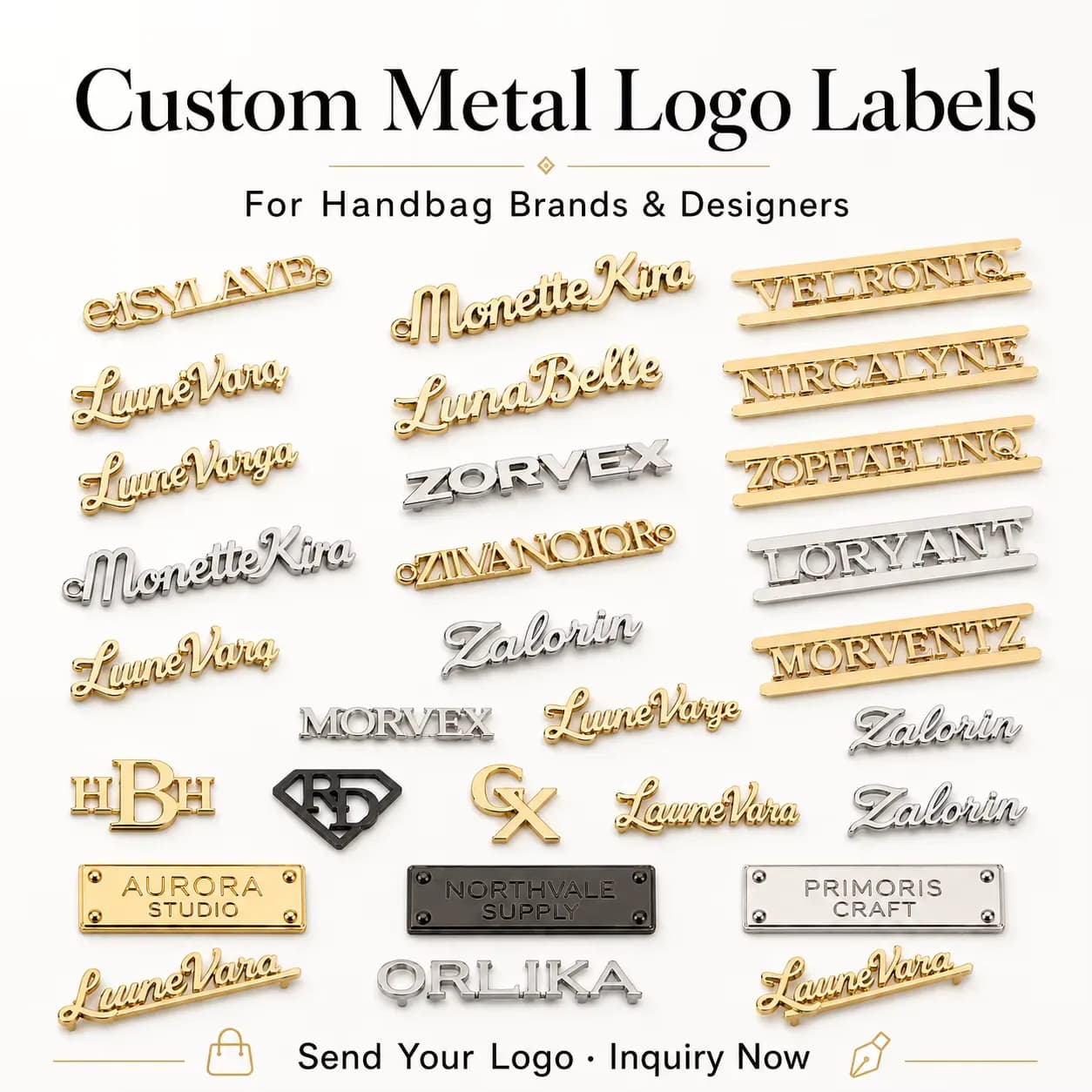 Custom Metal Letters Logo Nameplate Gold Plated OEM Laser Engraved Plate Label, front view