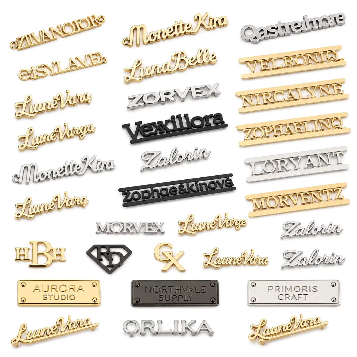 Matte Black Gold Plated Custom Separated Metal Letters Logo Brand Small Plate, front view