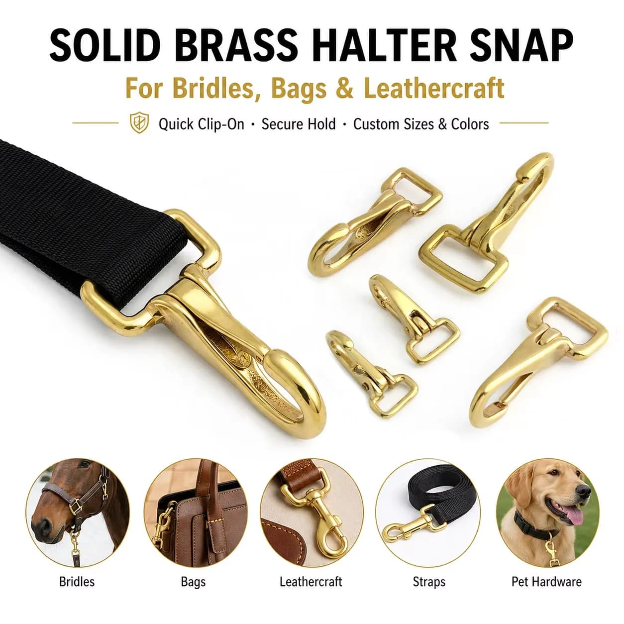 Solid Brass Horse Bridle Buckle Snap Hook Durable Square Fixed Eye Halter Snap, front view