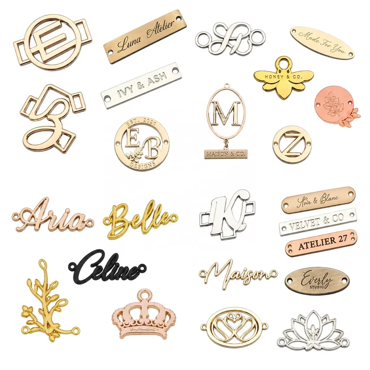 OEM Custom Private Metal Letters Logo Brand Nameplate Plate Label for Bags, front view