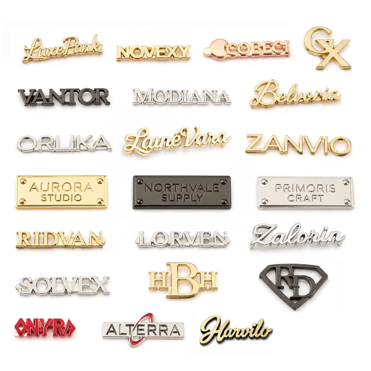 Eco-friendly Gold Plating Garment Labels Custom Engraved Logo Nickel-Free Metal, front view