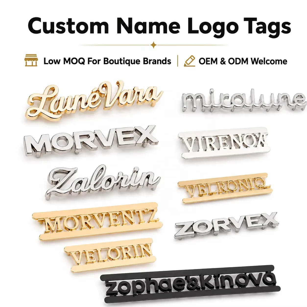 Custom Swimsuit Seawater Resist Metal Label Clothing Brand Logo Engraved Gold, front view