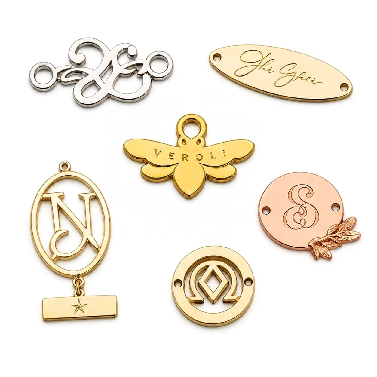 18K Gold PVD Custom Logo Charm Brand Name 316 Stainless Steel Electroplating, front view
