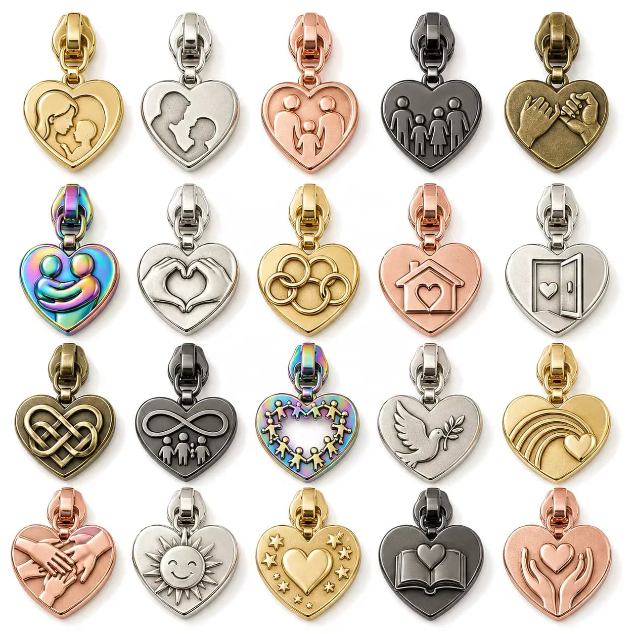 Iridescent Heart Shape Zinc Alloy Custom Electroplated Metal Durable Zipper Pull, front view