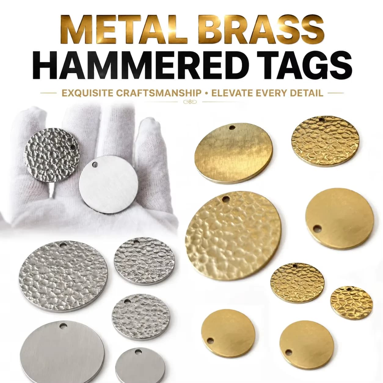 Round Brass Hammer Texture Pet Tag Embossing DIY Custom Logo Brass Metal, front view