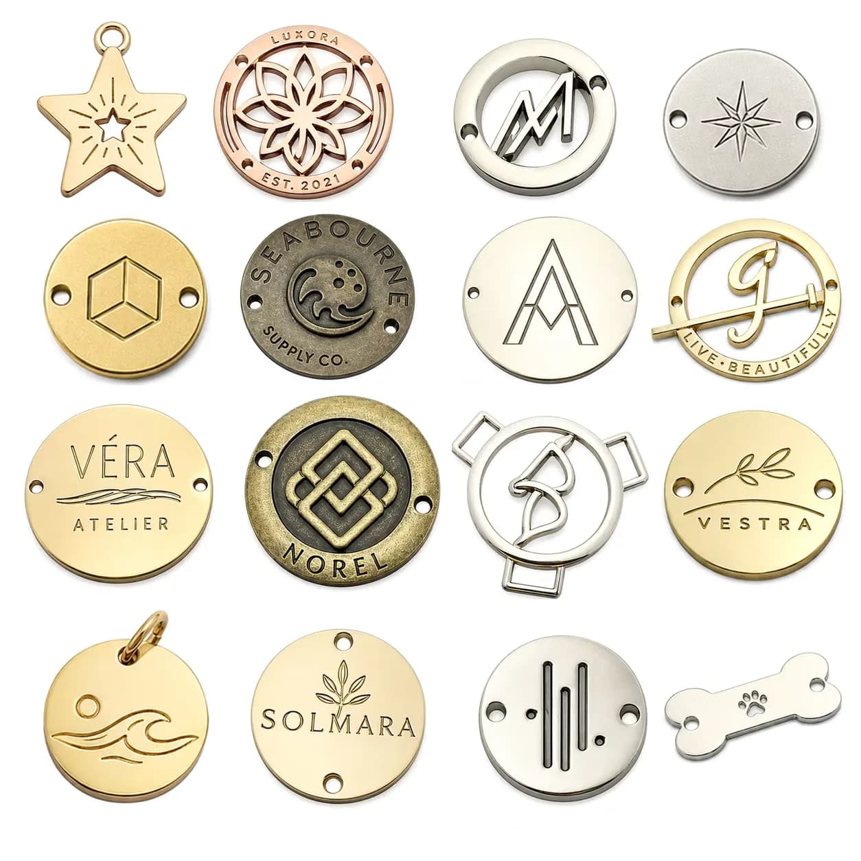 Garment 3D Small Custom Mini Metal Letters Logo Nameplate Round Sew Engraved, front view