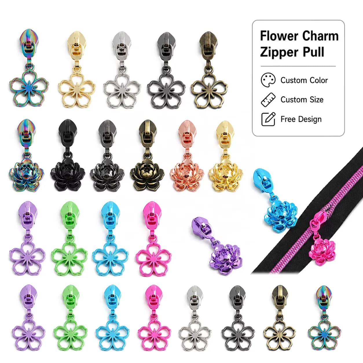Flower Charm Zipper Pull Personalized Zipper Pull Custom Logo Zipper Slider Free, front view