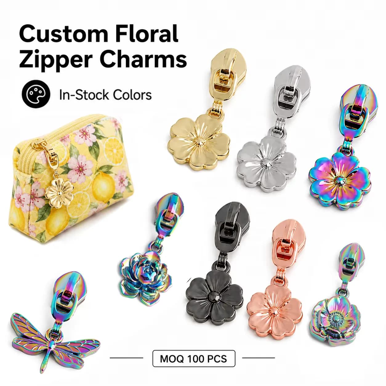 Flower Zipper Puller Charm Custom Colorful Thick Dragonfly Zipper Sliders, front view