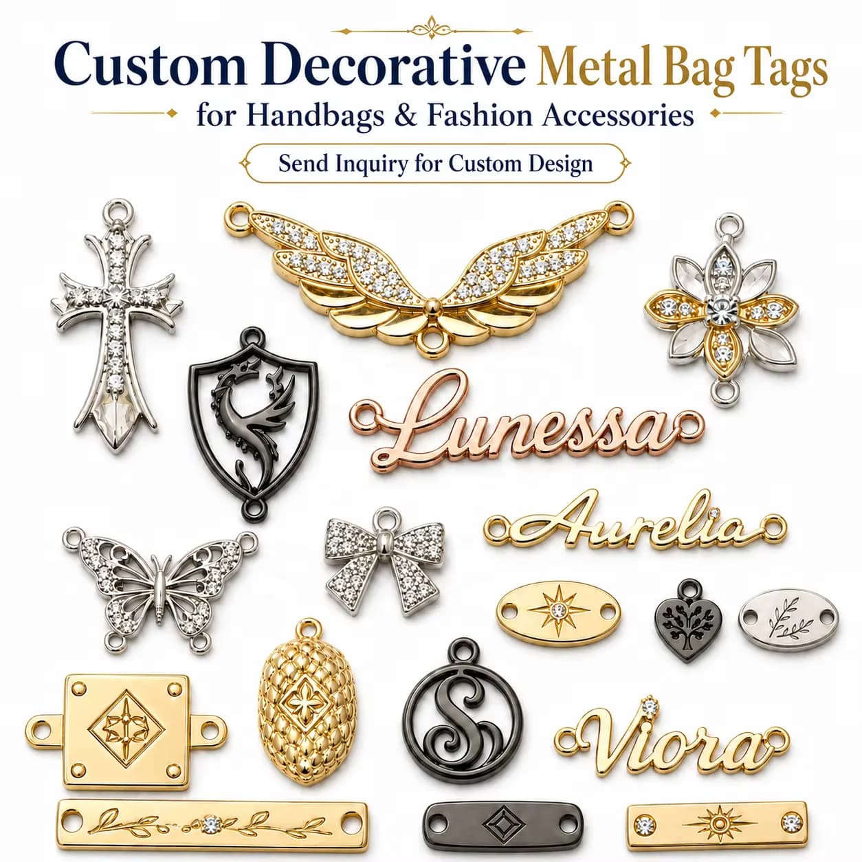 Custom Handbags Made Polished Metal Logo on Suitable for Knitted Bags Gift Boxes, front view