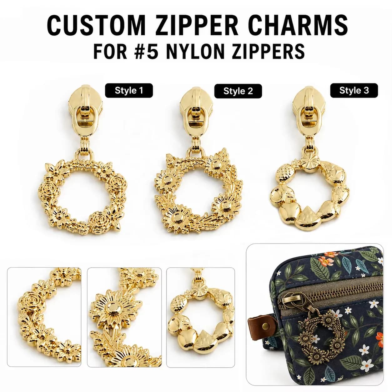 Floral Wreath Pulls Charm OEM Custom Exclusive Non-locking Metal Flower Zipper, front view