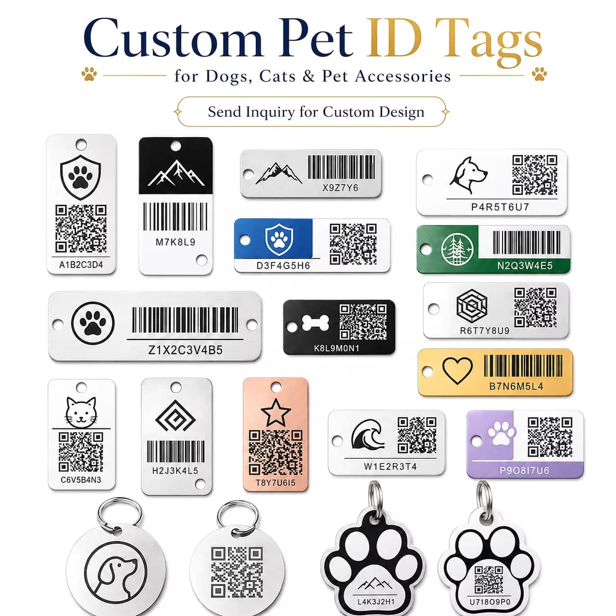 Metal Logo Pet Cat Barcode Identification Tag Unique Laser-engraved Name Tag, front view
