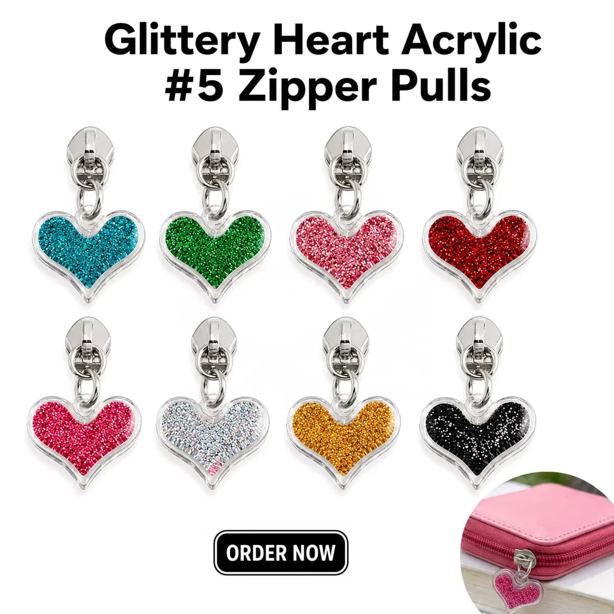 Pink Glittery Heart #5 Zipper Pulls Acrylic Peach Zipper Pull Pastel Heart Shell, front view