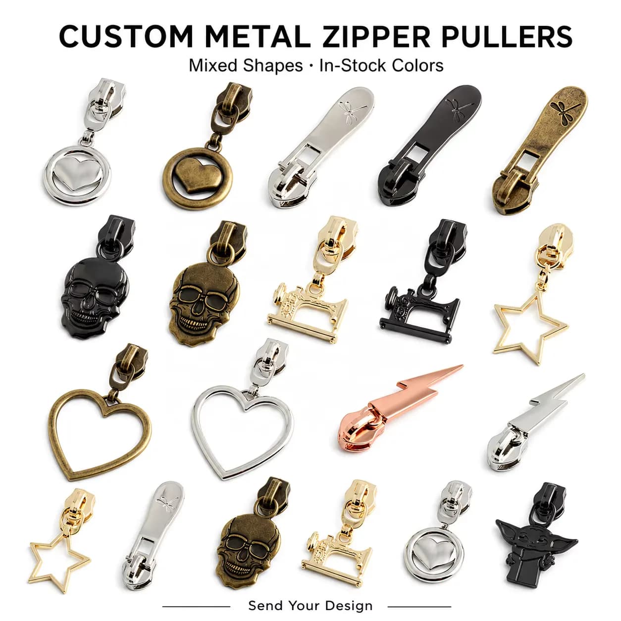 #5 Ghost Skull Zipper Puller Metal Slider Sewing Machine Gold Tone Mirror Polish, front view