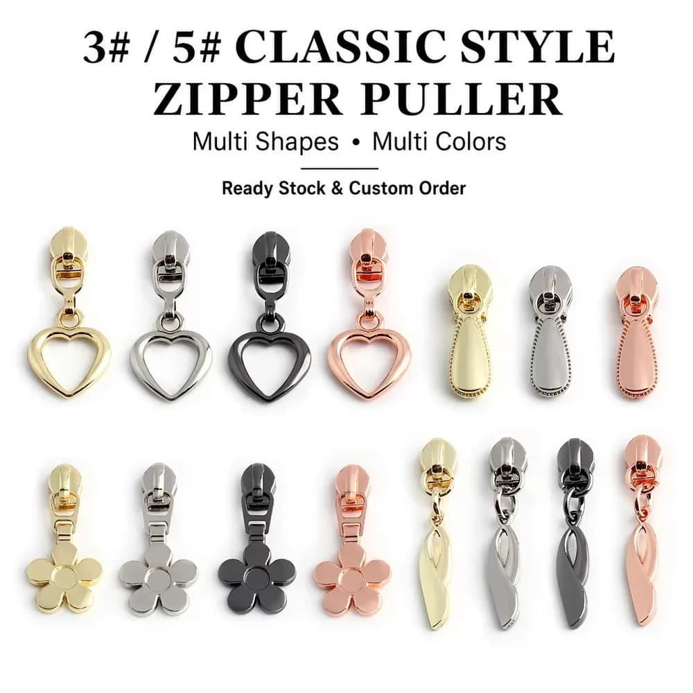 Non Lock Zipper Head Puller Custom Logo Zinc Metal Flower Slider Size, front view