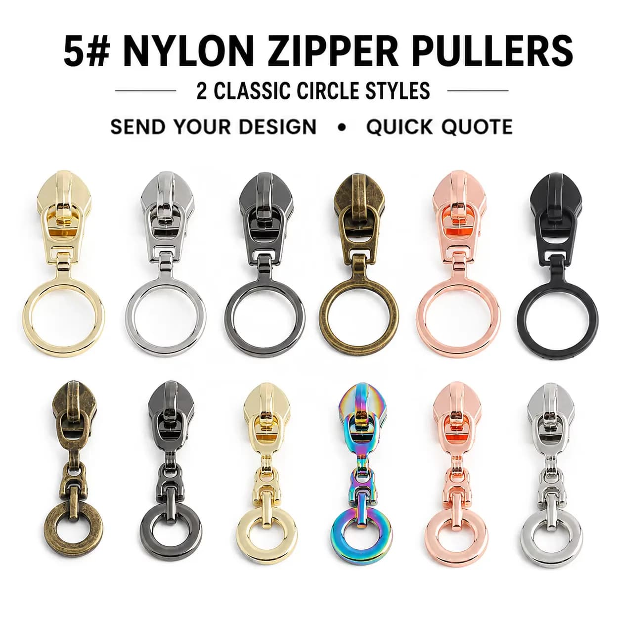 Circular Round Metal Zipper Puller Zinc Size 5 Rainbow Mirror Plating Fade, front view