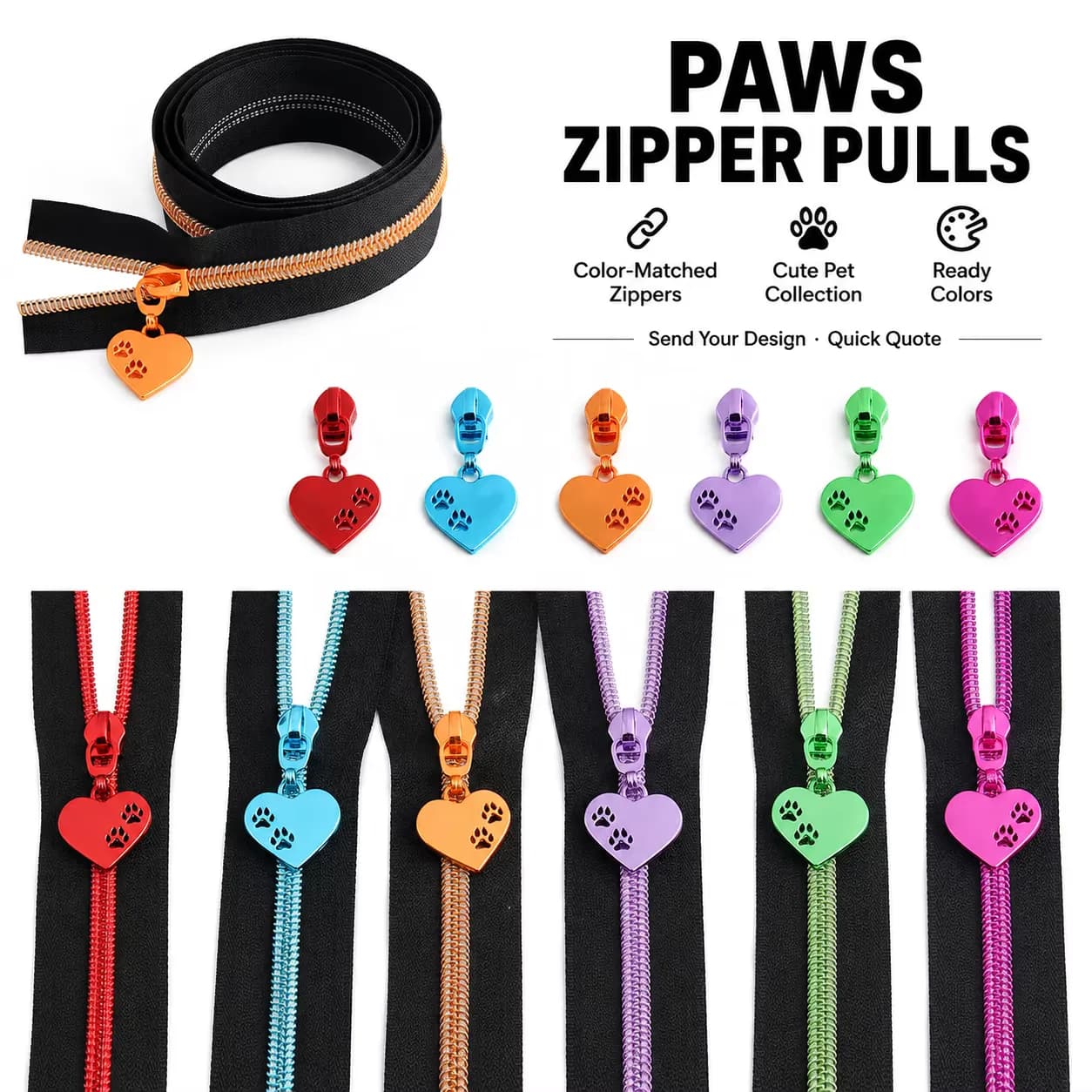 Decorative Paws Cartoon Colored Zipper Puller Metal Zinc Zipper Slider, front view