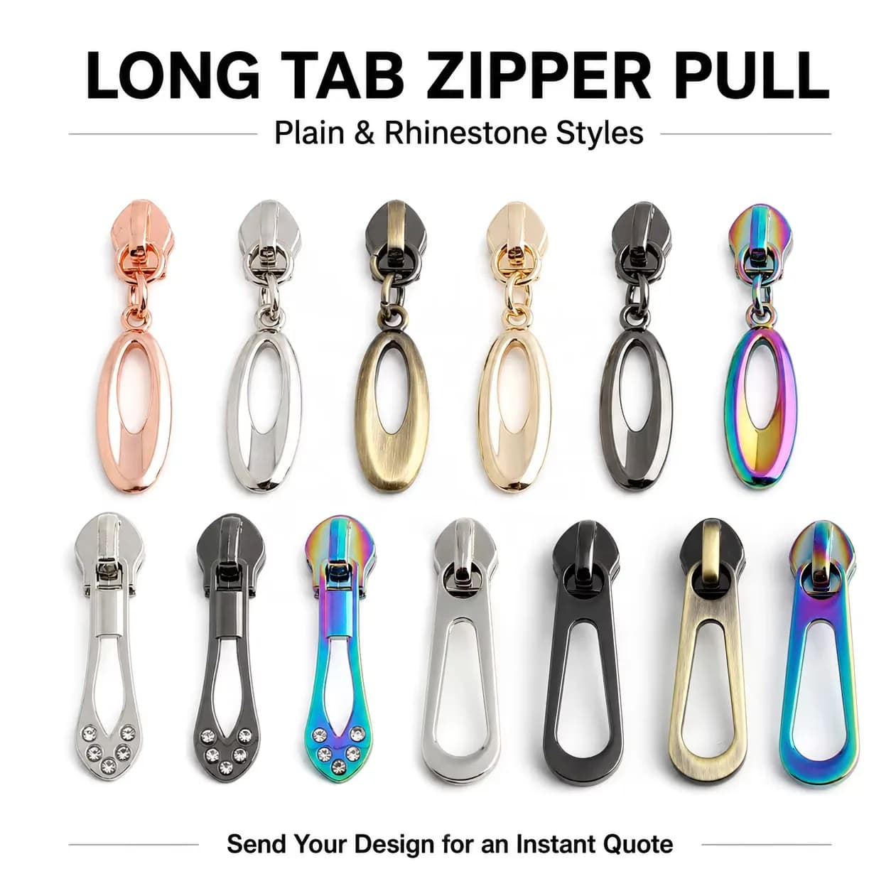 Custom Rhinestone Zipper Puller Long Tab Pull Large Crystal Zinc Alloy, front view