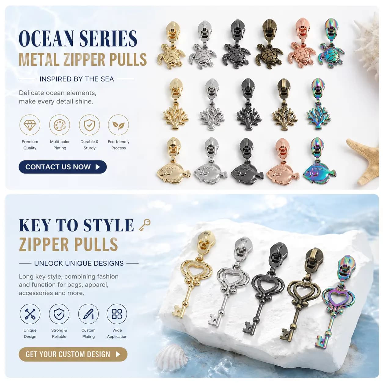 Metal Zipper Charm Puller Dolphin Sea Turtle Mermaid Fish Ocean Animal Coastal, front view