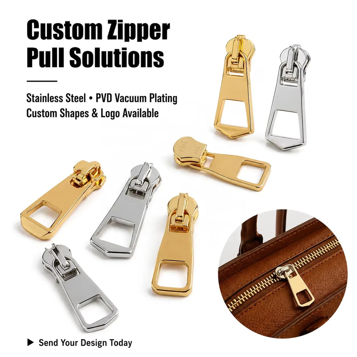 M4 M6 PVD Gold Coating Custom Thick Stainless Steel Zipper Puller Tab Fade, front view