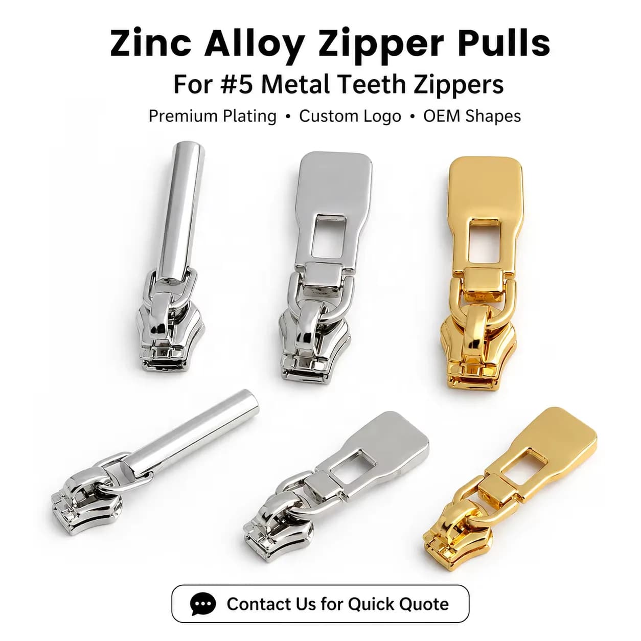 Custom Metal Zipper Slider Puller Tab Replacement Suitable for #5 Teeth Zippers, front view