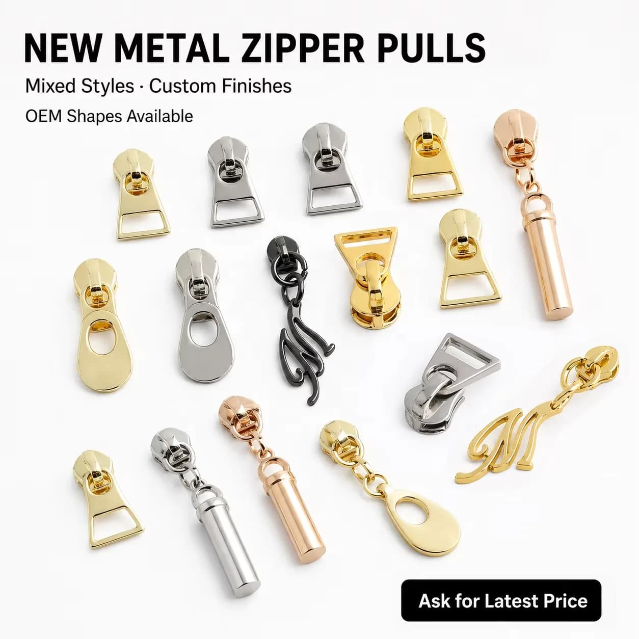 A-Shape Metal Zipper Puller Slider Alloy Long Zipper Pulls for Genuine Leather, front view