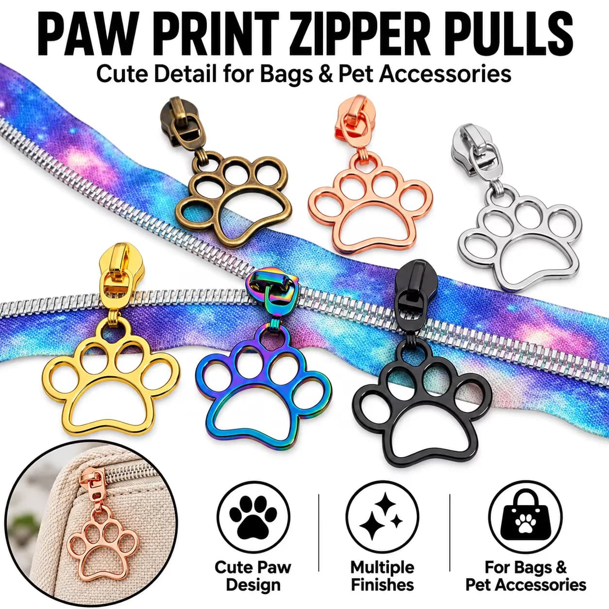 Hollow Out #5 Metal Size Paw Print Zipper Pulls Cute Animal Claw Zipper Sliders, front view
