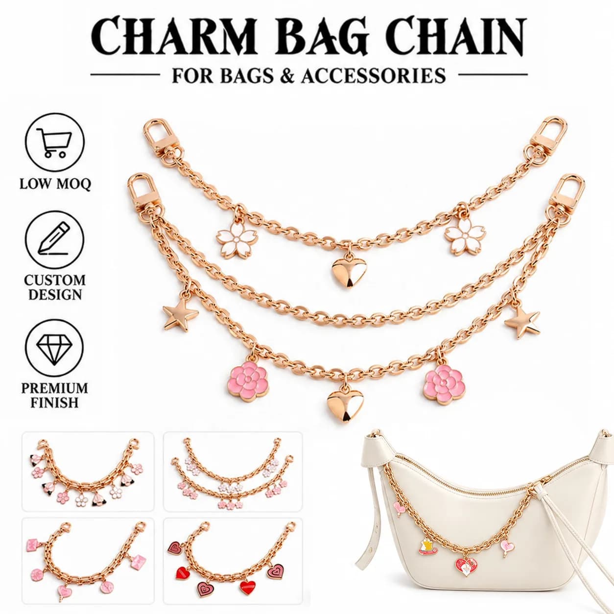 Fashionable Strong Safety Metal Custom Bags Chain Flower Heart Pendant Enamel, front view
