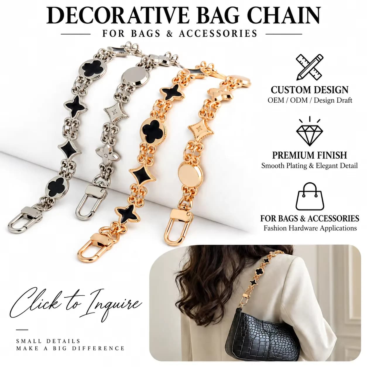Fashionable Women's Bags Adjustable Customizable Metal Extension Chain Clasp, front view