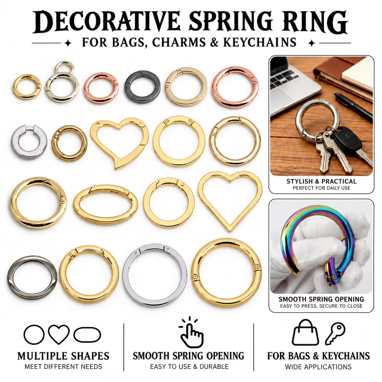 Custom Logo Engraved Solid Metal Trigger Spring O Rings Clip Carabiner Snap, front view