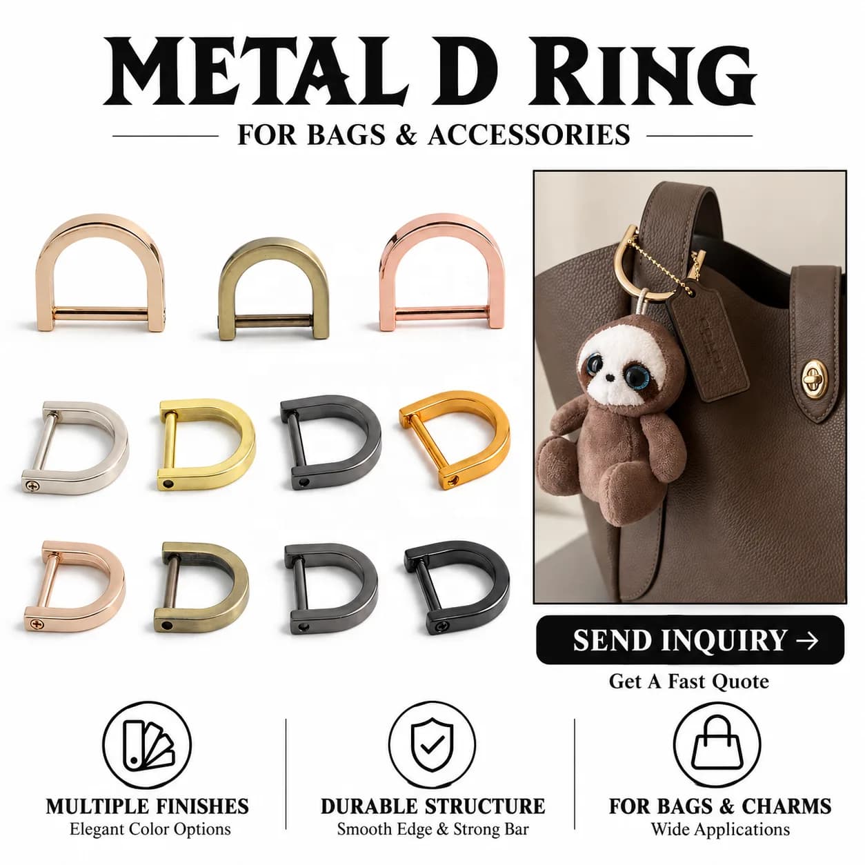Multi Purpose Detachable Metal D Ring Buckle Adjustable Screw D Shape Strap, front view