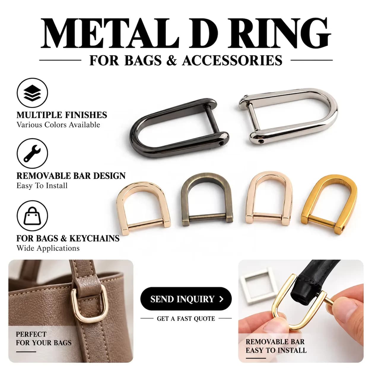 Classic Light Gold Metal Detachable Screw D-Ring Solid U-shaped Adjustable, front view