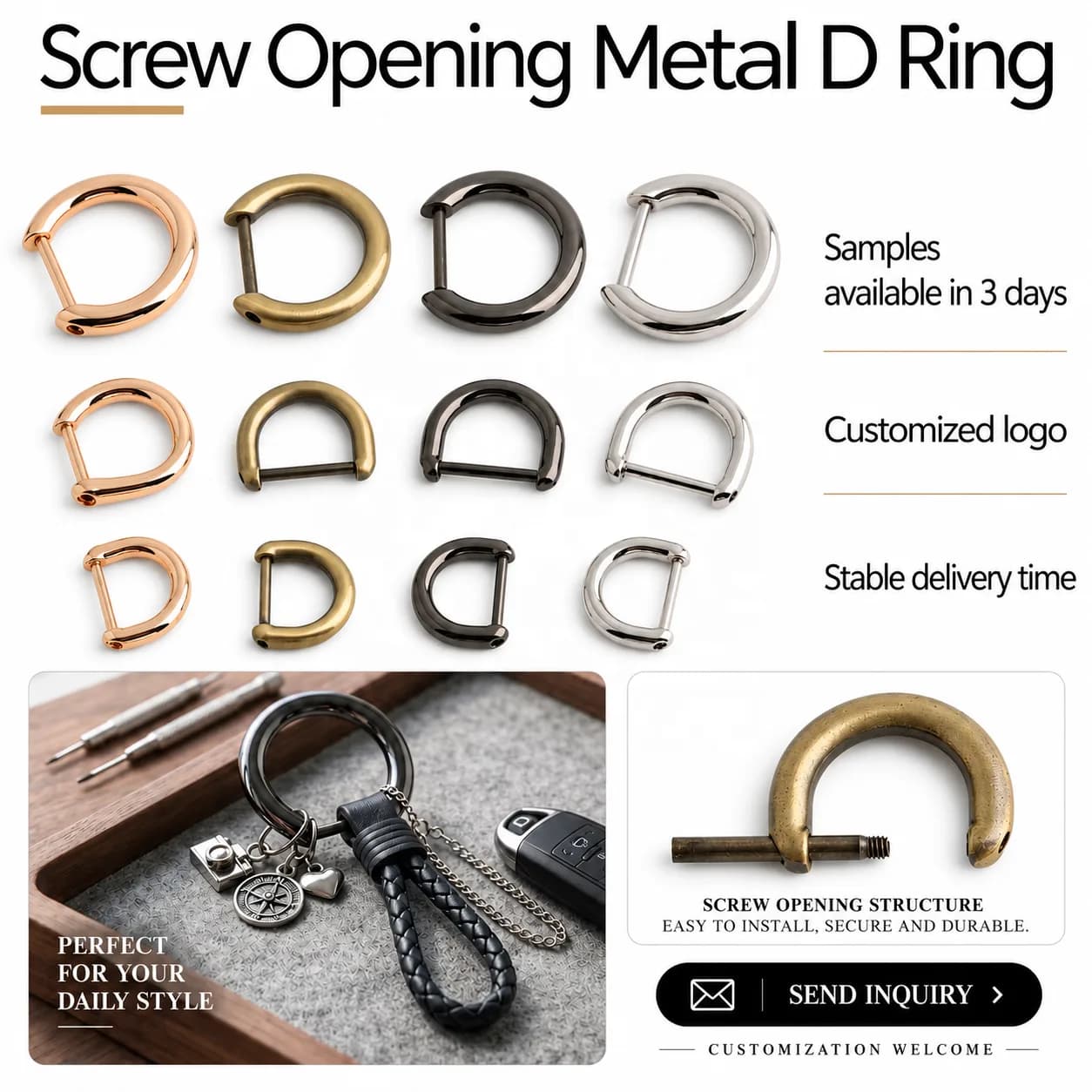 Multi Purpose Metal Screw D Ring Bag Shoulder Shackle Durable Removable Openable, front view