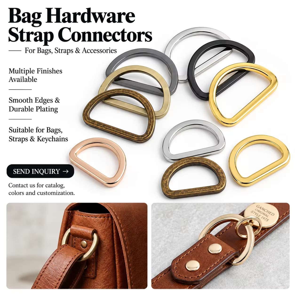 Classic Style Flat Wire D Ring Seamless Buckle Purse Die Cast Metal Adjustable, front view