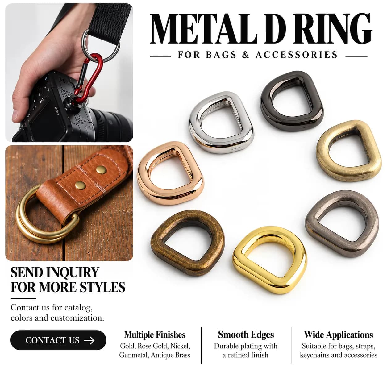 Heavy Duty Metal Adjustable D Ring Clip Buckle Custom Multi Purpose Strap, front view