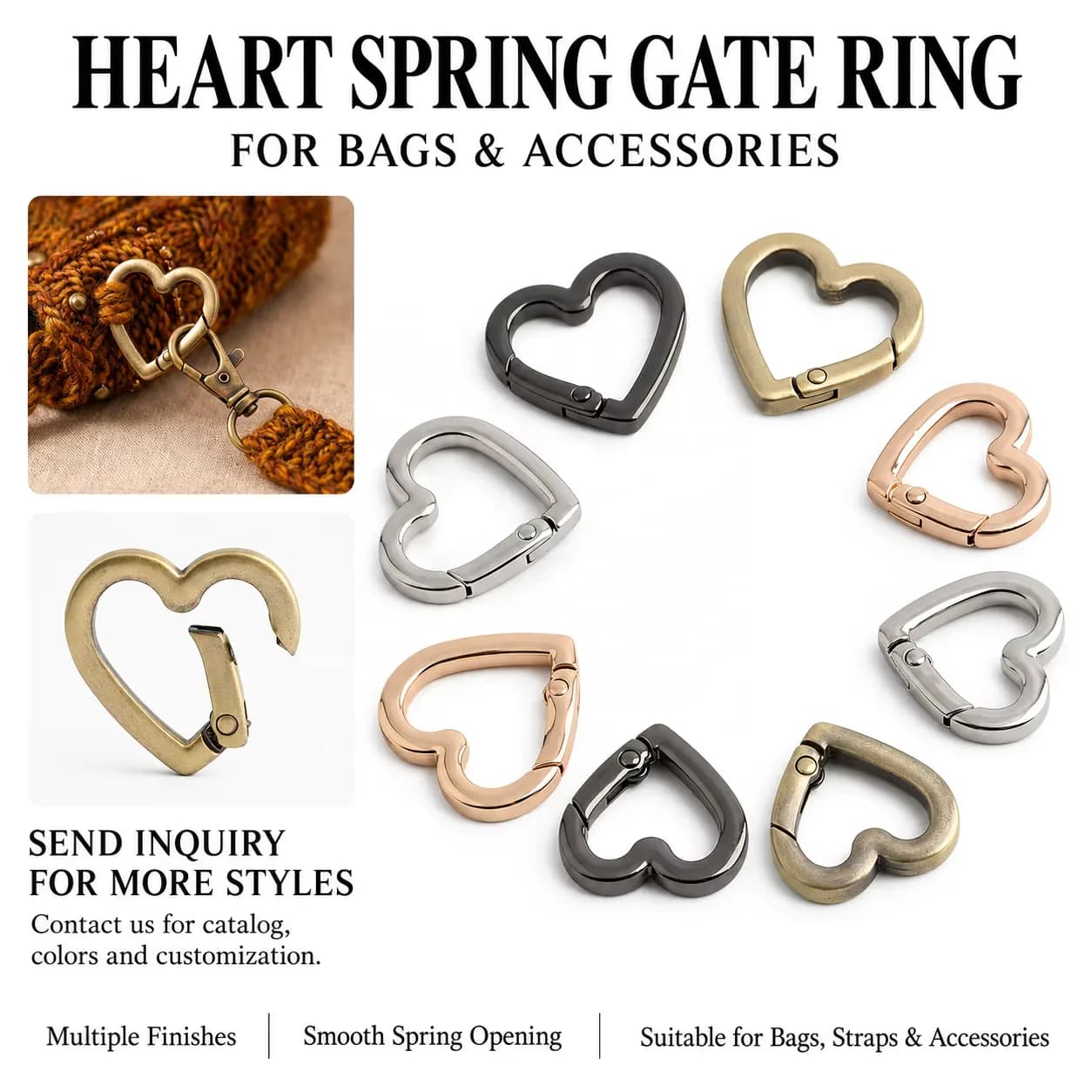 Fashion Trendy Heart Shaped Spring Gate Clasp Metal Love Open Key Zinc Alloy, front view