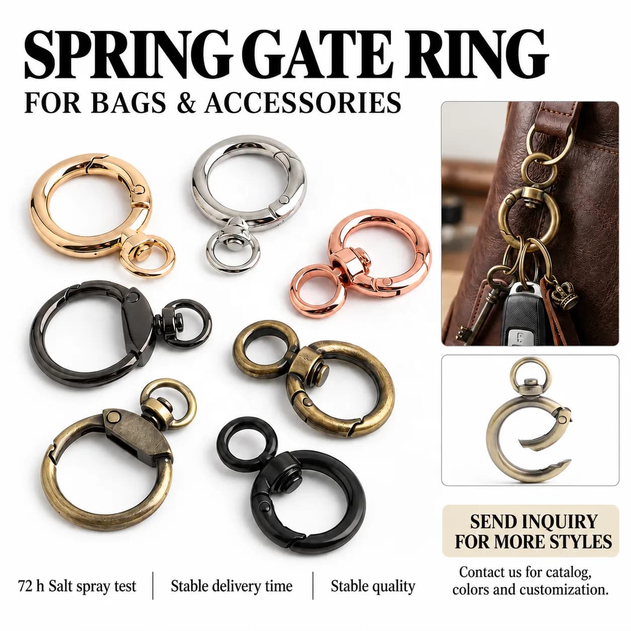 Classic Style Open Spring Keychain Ring Loop 360 Rotatable Round Carabiners Snap, front view