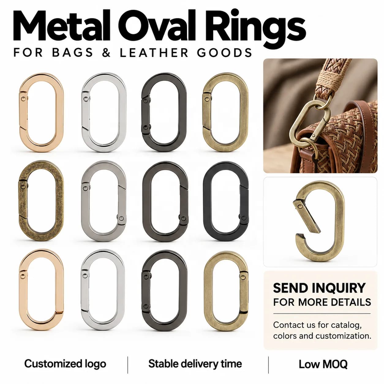 Flat Oval Spring O Ring Clip Custom Logo Openable Leather Bag Strap Connect, front view