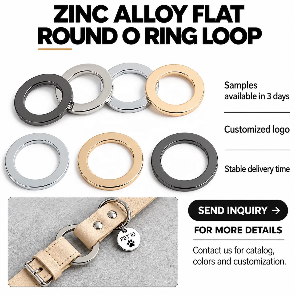 In Stock Flat Metal Round Loop Seamless Solid Metal Closed Ring Custom Logo, front view